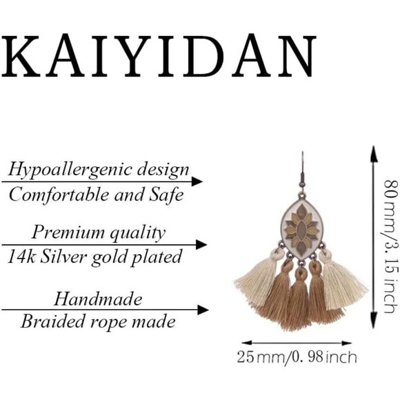 Brown Tassels Oval Shaped Enamal Dangle Statement Vintage Earring for Women - Picture 4 of 10